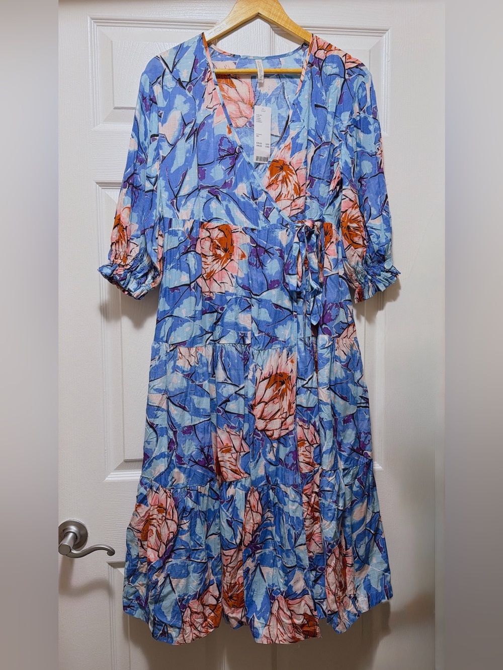 Urban Outfitters Floral Wrap Midi Dress in Blue and Peach